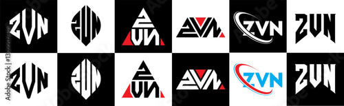 ZVN letter logo design in six style. ZVN polygon, circle, triangle, hexagon, flat and simple style with black and white color variation letter logo set in one artboard. ZVN minimalist and classic logo