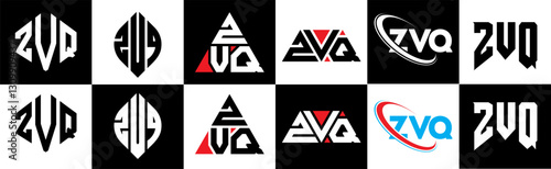 ZVQ letter logo design in six style. ZVQ polygon, circle, triangle, hexagon, flat and simple style with black and white color variation letter logo set in one artboard. ZVQ minimalist and classic logo