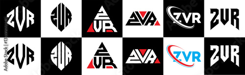 ZVR letter logo design in six style. ZVR polygon, circle, triangle, hexagon, flat and simple style with black and white color variation letter logo set in one artboard. ZVR minimalist and classic logo