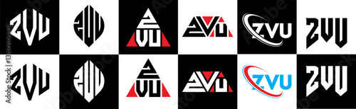 ZVU letter logo design in six style. ZVU polygon, circle, triangle, hexagon, flat and simple style with black and white color variation letter logo set in one artboard. ZVU minimalist and classic logo