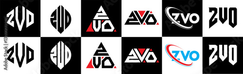 ZVO letter logo design in six style. ZVO polygon, circle, triangle, hexagon, flat and simple style with black and white color variation letter logo set in one artboard. ZVO minimalist and classic logo