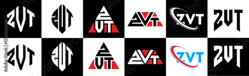 ZVT letter logo design in six style. ZVT polygon, circle, triangle, hexagon, flat and simple style with black and white color variation letter logo set in one artboard. ZVT minimalist and classic logo