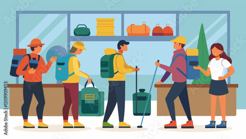 A group of hikers filling their baskets with secondhand hiking boots backpacks and trekking poles at the specialized sports equipment consignment. Vector illustration