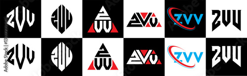ZVV letter logo design in six style. ZVV polygon, circle, triangle, hexagon, flat and simple style with black and white color variation letter logo set in one artboard. ZVV minimalist and classic logo