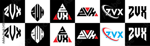 ZVX letter logo design in six style. ZVX polygon, circle, triangle, hexagon, flat and simple style with black and white color variation letter logo set in one artboard. ZVX minimalist and classic logo