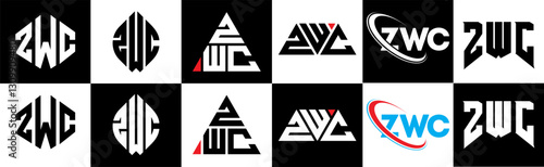 ZWC letter logo design in six style. ZWC polygon, circle, triangle, hexagon, flat and simple style with black and white color variation letter logo set in one artboard. ZWC minimalist and classic logo