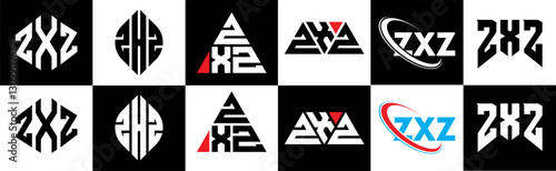 ZXZ letter logo design in six style. ZXZ polygon, circle, triangle, hexagon, flat and simple style with black and white color variation letter logo set in one artboard. ZXZ minimalist and classic logo