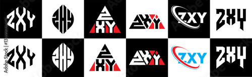 ZXY letter logo design in six style. ZXY polygon, circle, triangle, hexagon, flat and simple style with black and white color variation letter logo set in one artboard. ZXY minimalist and classic logo