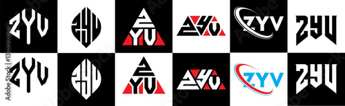 ZYV letter logo design in six style. ZYV polygon, circle, triangle, hexagon, flat and simple style with black and white color variation letter logo set in one artboard. ZYV minimalist and classic logo