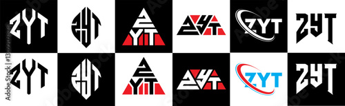ZYT letter logo design in six style. ZYT polygon, circle, triangle, hexagon, flat and simple style with black and white color variation letter logo set in one artboard. ZYT minimalist and classic logo