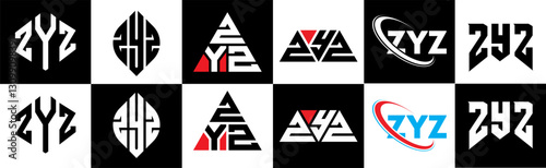 ZYZ letter logo design in six style. ZYZ polygon, circle, triangle, hexagon, flat and simple style with black and white color variation letter logo set in one artboard. ZYZ minimalist and classic logo