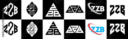 ZZB letter logo design in six style. ZZB polygon, circle, triangle, hexagon, flat and simple style with black and white color variation letter logo set in one artboard. ZZB minimalist and classic logo