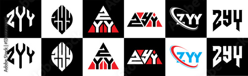 ZYY letter logo design in six style. ZYY polygon, circle, triangle, hexagon, flat and simple style with black and white color variation letter logo set in one artboard. ZYY minimalist and classic logo