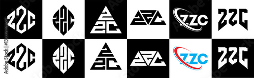ZZC letter logo design in six style. ZZC polygon, circle, triangle, hexagon, flat and simple style with black and white color variation letter logo set in one artboard. ZZC minimalist and classic logo
