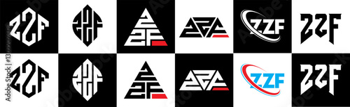 ZZF letter logo design in six style. ZZF polygon, circle, triangle, hexagon, flat and simple style with black and white color variation letter logo set in one artboard. ZZF minimalist and classic logo