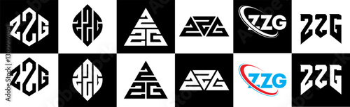 ZZG letter logo design in six style. ZZG polygon, circle, triangle, hexagon, flat and simple style with black and white color variation letter logo set in one artboard. ZZG minimalist and classic logo