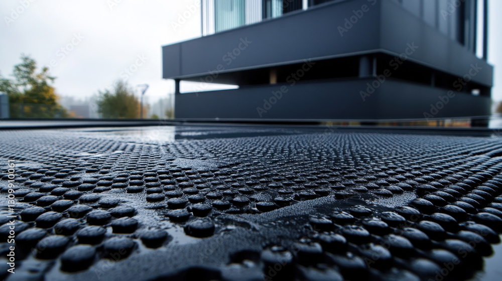 Naklejka premium Rainwater collects on a textured rubber grid covering a modern terrace, showcasing the practical design of outdoor materials