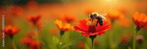 Single bee on a red flower amidst many, sunny day ,  nature,  vibrant