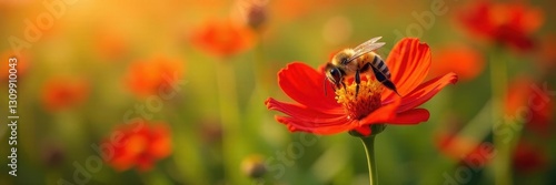 Single bee on a red flower amidst many, sunny day ,  outside,  wildlife,  plant