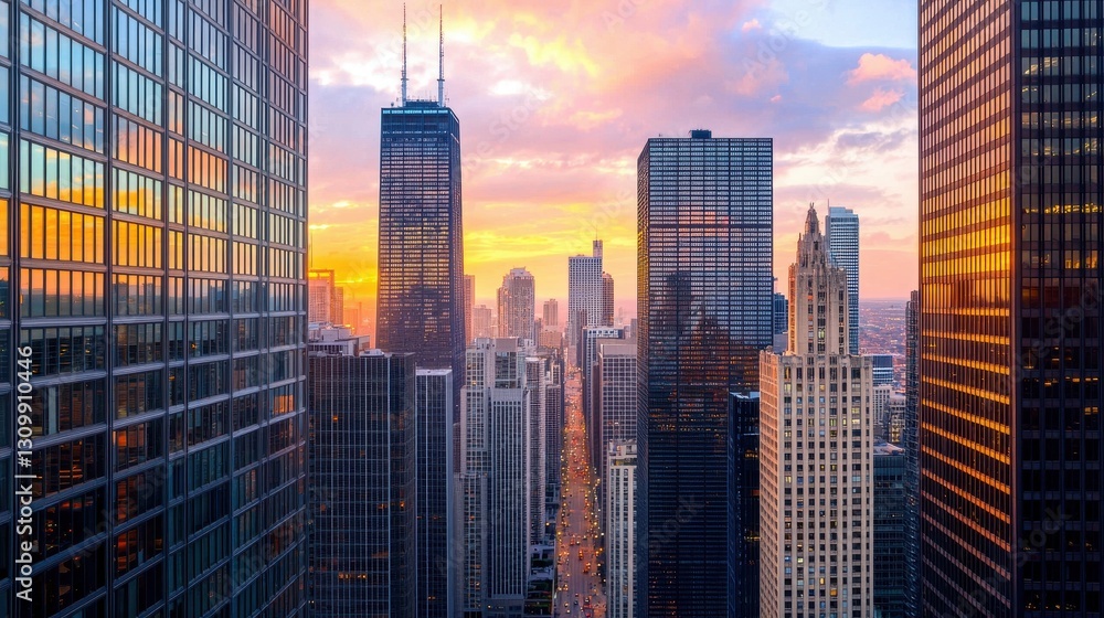 Obraz premium Sunset Over City Skyline with Tall Buildings and Vibrant Colors