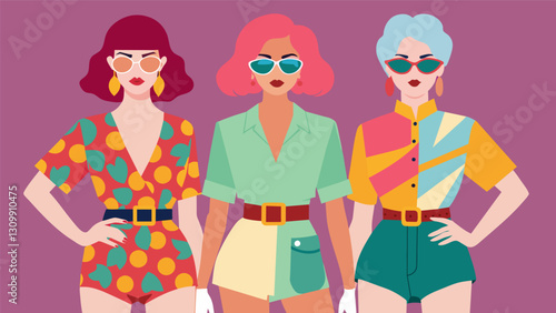 A group shot of models wearing mismatched printed blouses highwaisted shorts and thrifted accessories such as statement belts and funky sunglasses.. Vector illustration