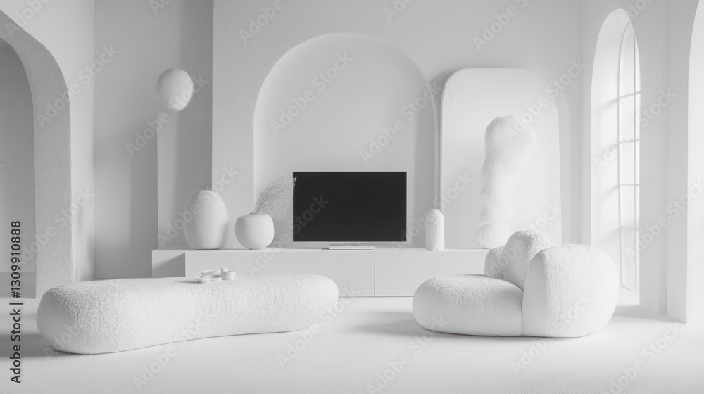 Fototapeta premium Modern white living room, minimalist decor, arched windows, sunlight