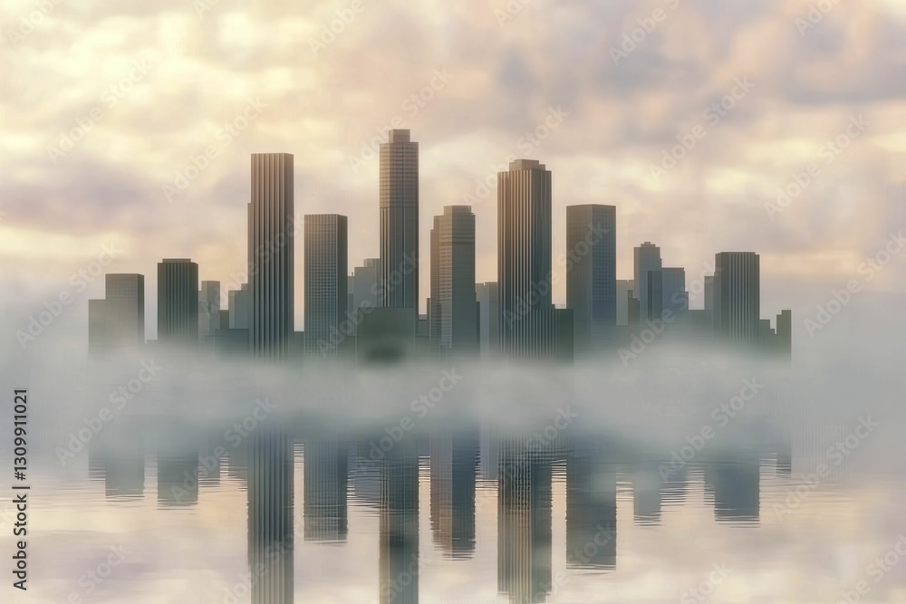 Fototapeta premium Minimalist semi-silhouette of a city skyline mirrored in a serene lake, conveying harmony and peacefulness.