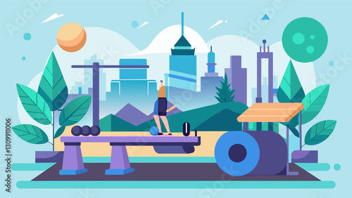 Whether you prefer a calming forest or energizing cityscape the VR Pilates Studio has a variety of virtual settings to choose from.. Vector illustration