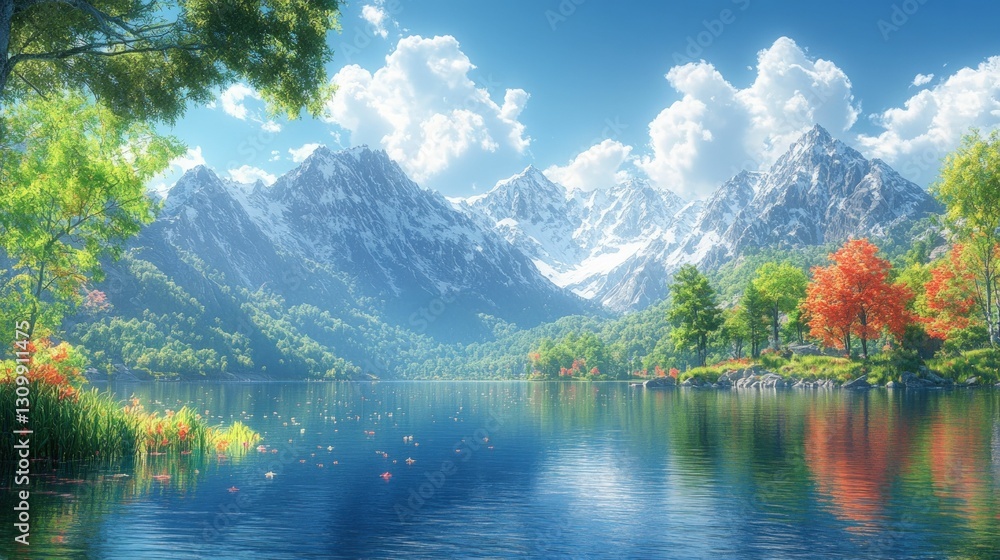 Fototapeta premium Serene mountain lake reflects autumn colors.