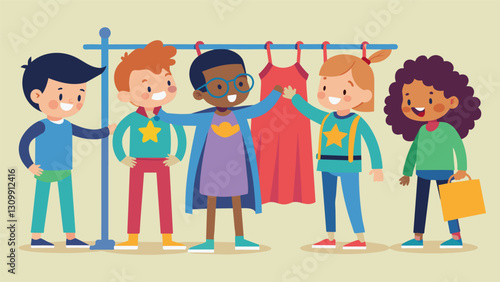 A group of children gathered around a clothing rack taking turns trying on various superhero costumes and pretending to save the world.. Vector illustration