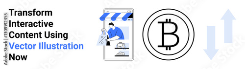 Mobile commerce scene with shop interface and user transaction, cryptocurrency coin, and market arrows. Ideal for e-commerce, cryptocurrency, fintech, business growth, technology, digital trends