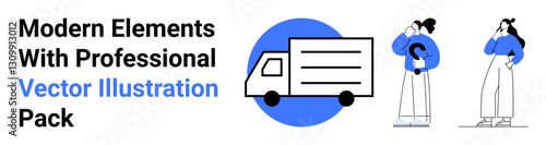Delivery truck icon beside two individuals discussing logistics, emphasizing modern design and collaboration. Ideal for logistics, teamwork, transport, planning, business, e-commerce, flat landing
