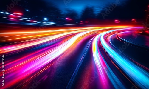 Neon light trails on a highway at night creating a futuristic landscape with motion blur