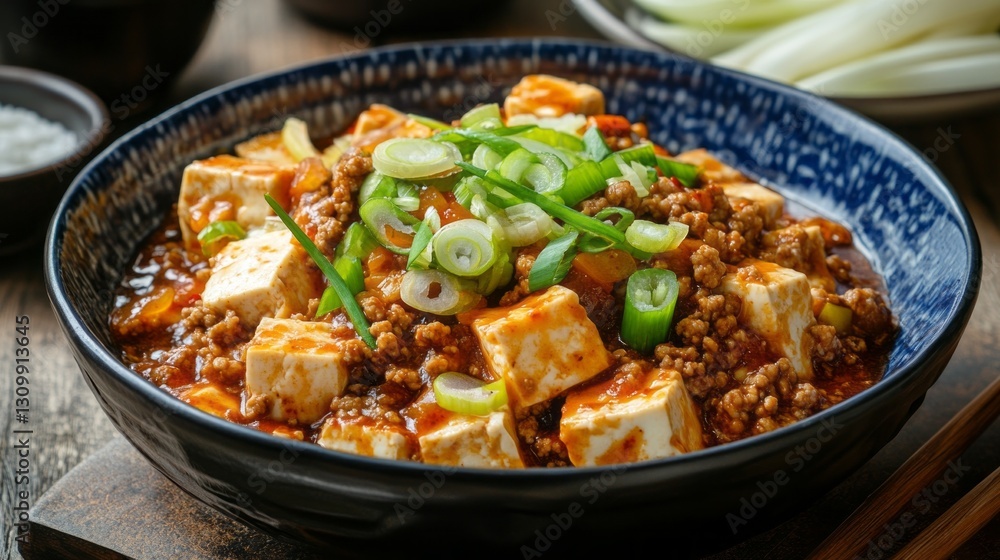 A vibrant bowl of Mapo Tofu showcases cubes of tender tofu and rich ground beef, all enveloped in a spicy, aromatic sauce, garnished with fresh green onions, inviting taste buds to indulge A vibrant bowl of Mapo Tofu showcases cubes of tender tofu and rich ground beef, all enveloped in a spicy, aromatic sauce, garnished with fresh green onions, inviting taste buds to indulge