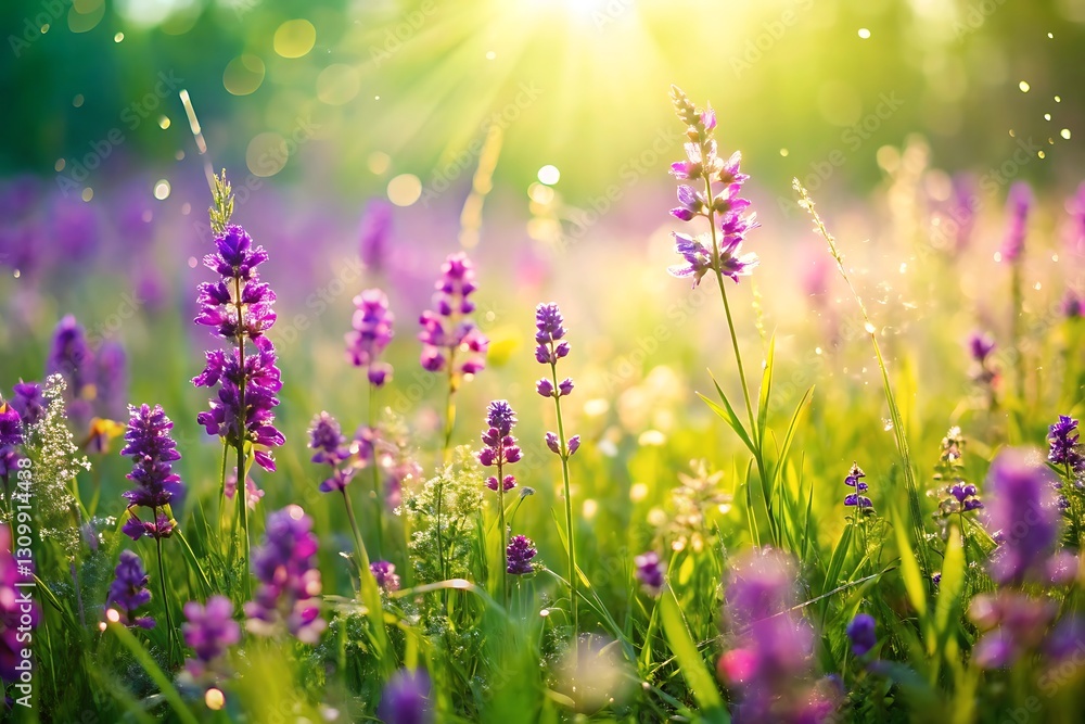Fototapeta premium Vibrant purple wildflowers bathed in sunlight, perfect for spring or summer backgrounds.
