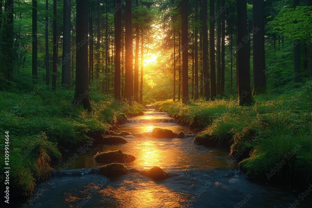 Obraz premium Golden sunset illuminates tranquil forest stream.