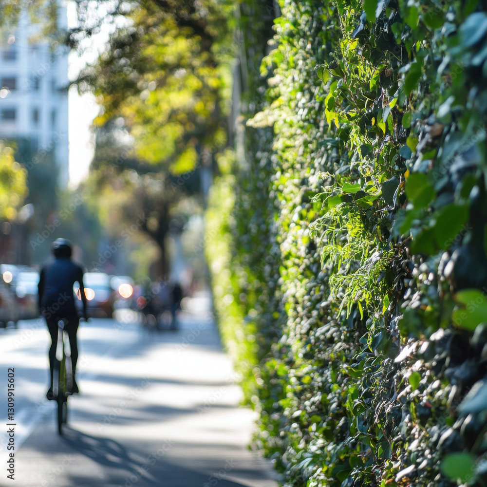 Obraz premium A person rides a bicycle along an urban street lined with lush green foliage, reflecting the blend of nature and city life on a sunny day.