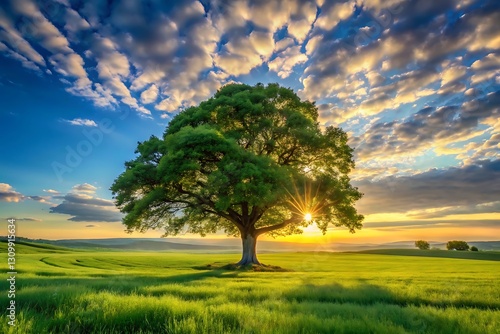 Majestic tree stands tall in a vibrant summer field at sunrise