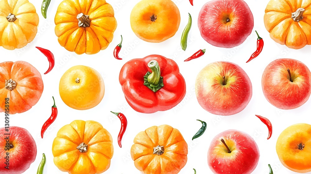 Veggies Fruits Colorful pattern on a white background Veggies Fruits Colorful pattern on a white background