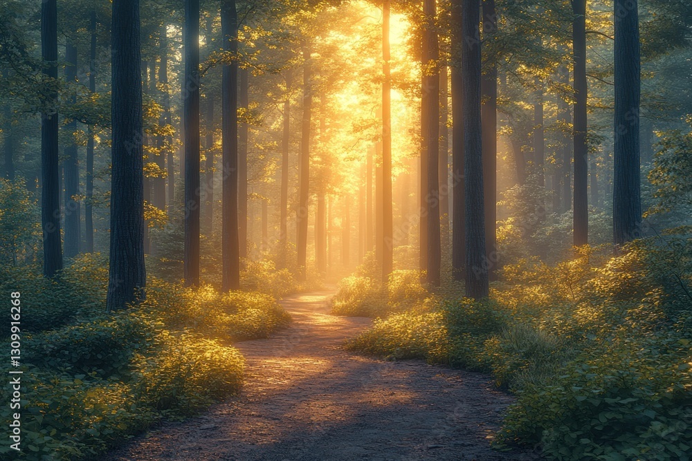 Fototapeta premium Sunlit path through misty golden forest