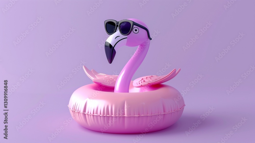 Pink flamingo with sunglasses floats in an inflatable circle illustration. Summer minimal concept. Generative ai Pink flamingo with sunglasses floats in an inflatable circle illustration. Summer minimal concept. Generative ai