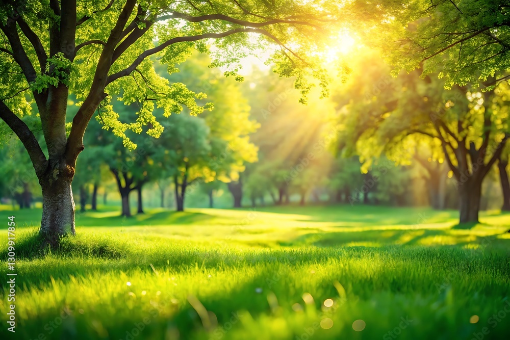 Lush Green Park at Sunrise, Perfect for Spring/Summer Stock Lush Green Park at Sunrise, Perfect for Spring/Summer Stock