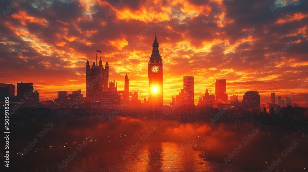 Obraz premium Fiery sunset silhouettes city skyline iconic clock tower.