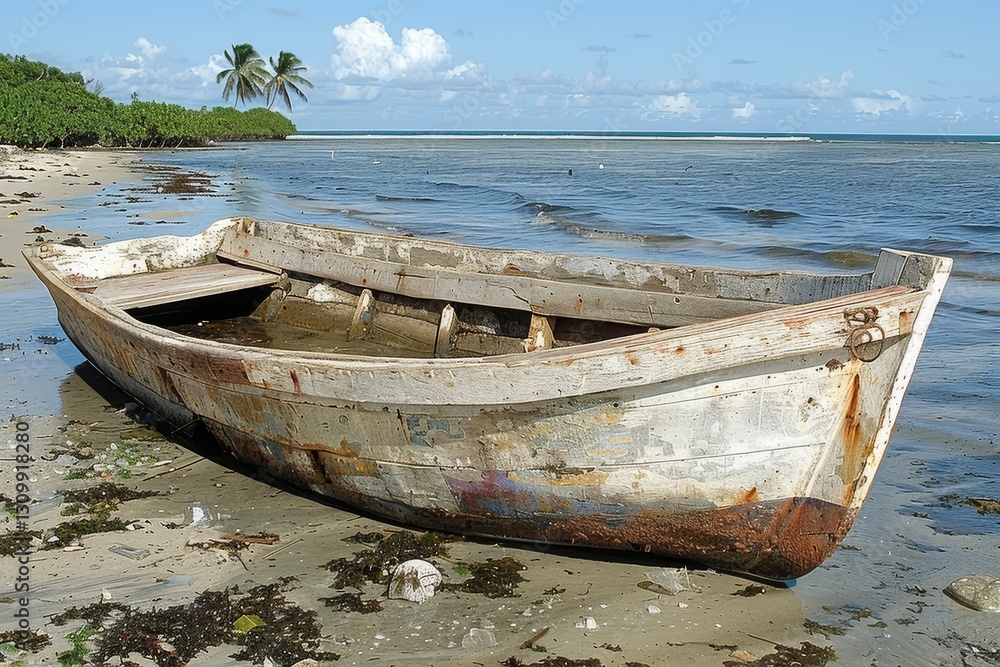 Old wooden boat rests on the shore with clear waters and tropical landscape in the background during a sunny day Old wooden boat rests on the shore with clear waters and tropical landscape in the background during a sunny day