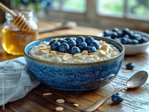 Nourishing Oatmeal Porridge with Fresh Blueberries and Sliced Almonds, Served Over Wholesome Breakfast Milk, A Healthy Meal Option to Start Your Day.