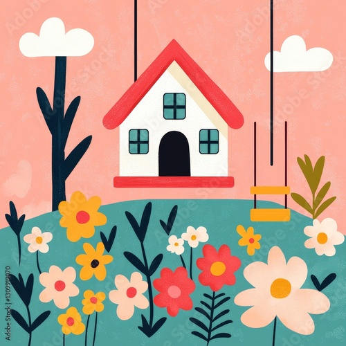 A cartoon garden with a treehouse, swing, and colorful flowerbeds