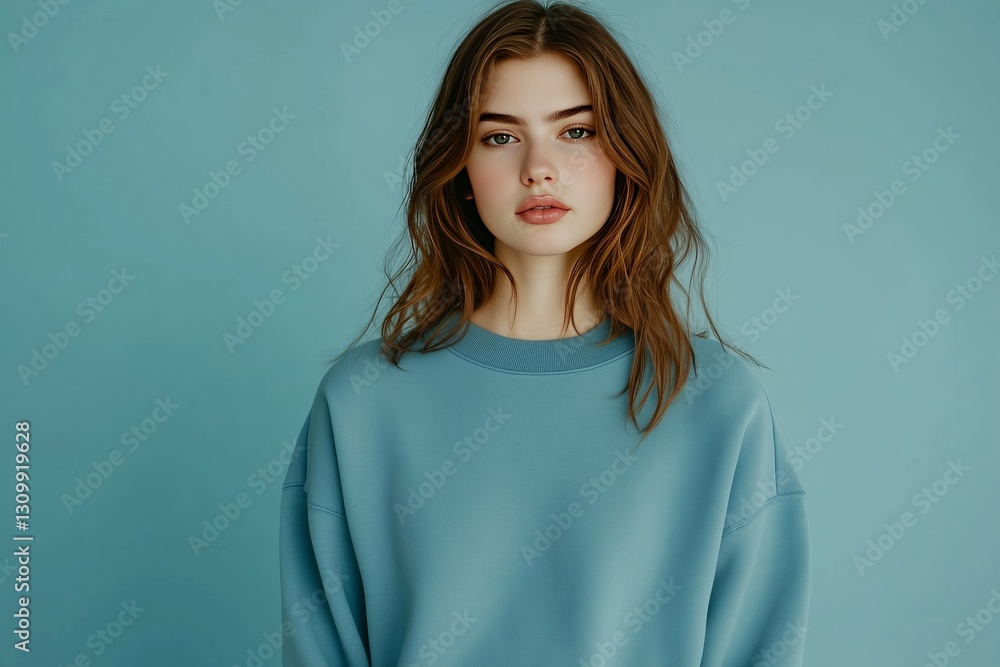 A model wears a plain blue sweatshirt mockup , showcasing a relaxed and casual style against a minimalist background. A model wears a plain blue sweatshirt mockup , showcasing a relaxed and casual style against a minimalist background.