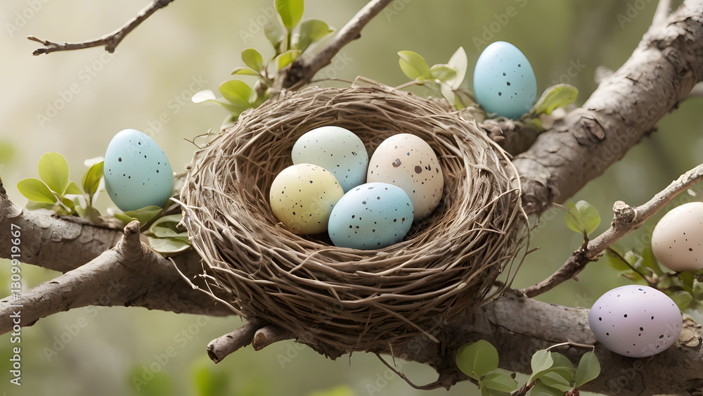 Fototapeta premium Colorful Easter eggs nestled in a natural nest on a tree branch, surrounded by fresh green leaves 