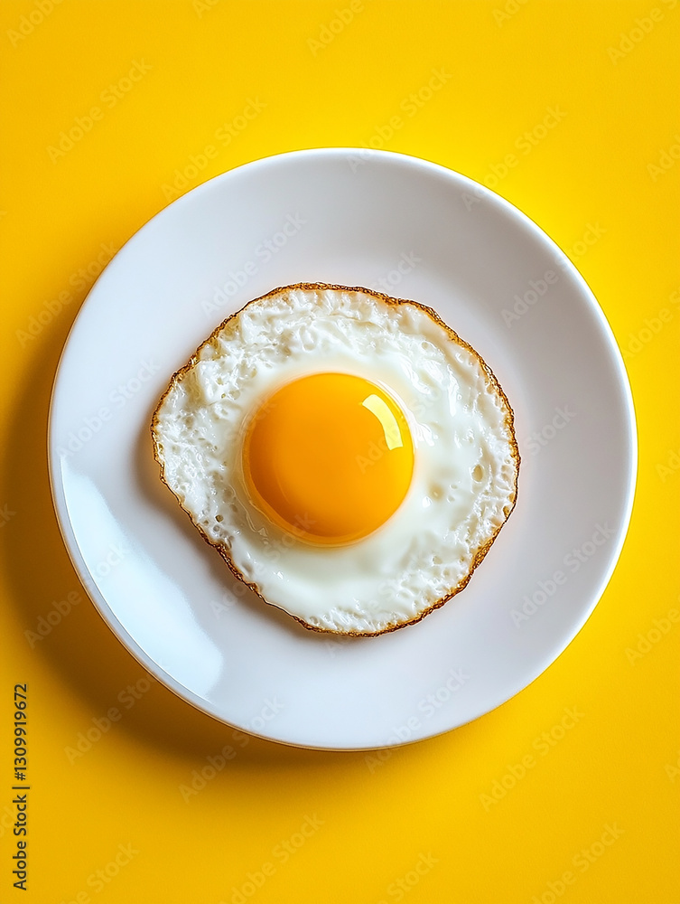 Perfectly cooked fried egg on a white plate, set against a vibrant yellow background, inviting breakfast Perfectly cooked fried egg on a white plate, set against a vibrant yellow background, inviting breakfast
