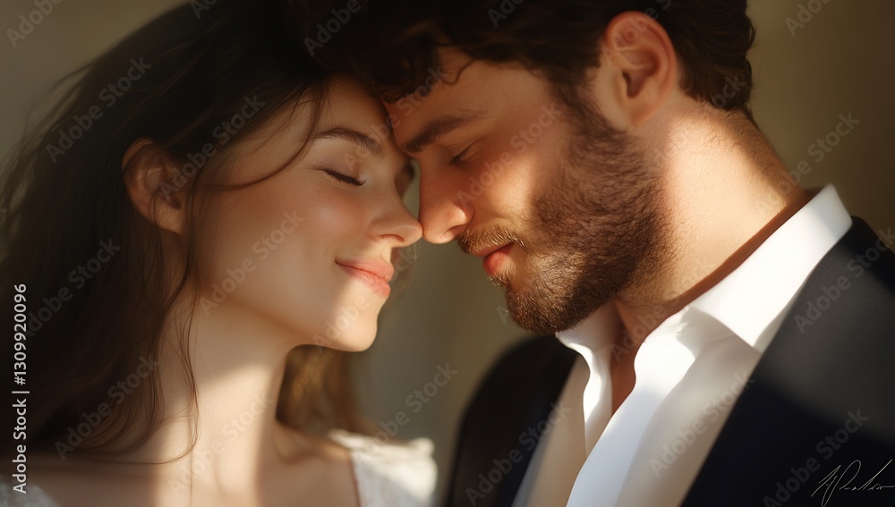 Romantic Couple Intimate Moment Forehead Touch Warm Light Soft Shadows Closeup Portrait Romantic Couple Intimate Moment Forehead Touch Warm Light Soft Shadows Closeup Portrait